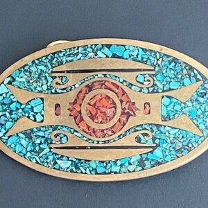 BTS Solid Brass Turquoise with Coral Chip Inlay Western Belt Buckle Vintage